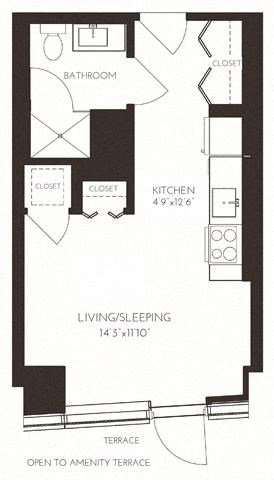Floor plan for studio, 1 bath, 383 sqft