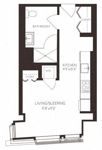 Floor plan for studio, 1 bath, 424 sqft