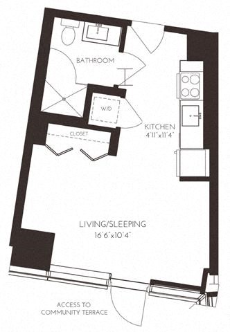 Floor plan for studio, 1 bath, 383 sqft