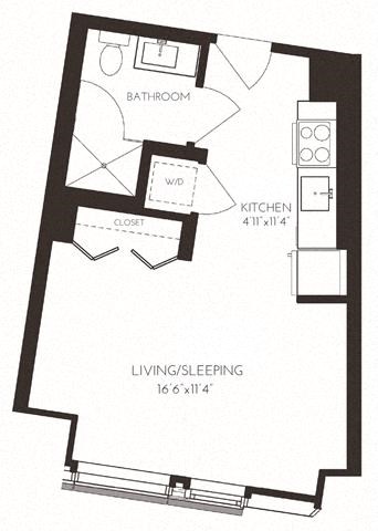 Floor plan for studio, 1 bath, 401 sqft