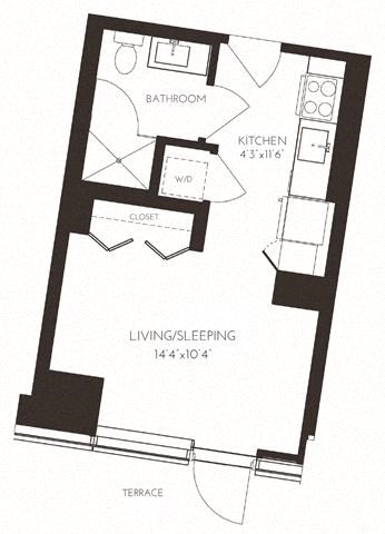 Floor plan for studio, 1 bath, 352 sqft