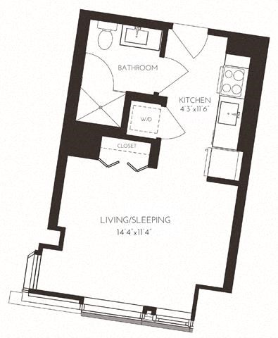 Floor plan for studio, 1 bath, 377 sqft