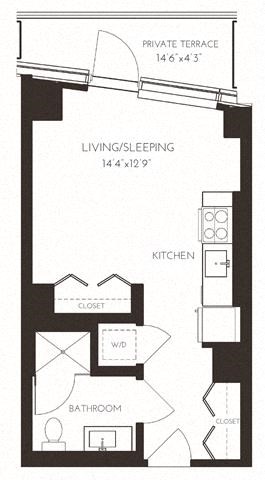 Floor plan for studio, 1 bath, 395 sqft
