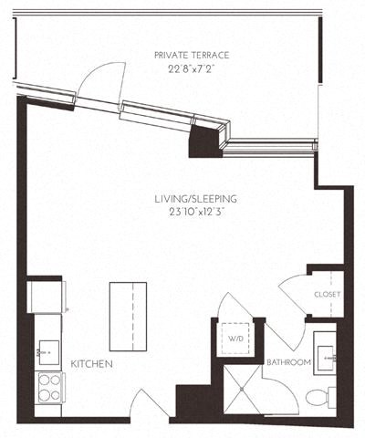 Floor plan for studio, 1 bath, 568 sqft