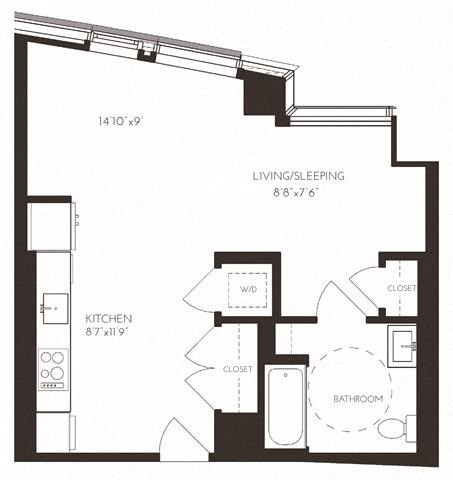 Floor plan for studio, 1 bath, 588 sqft