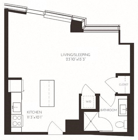 Floor plan for studio, 1 bath, 588 sqft