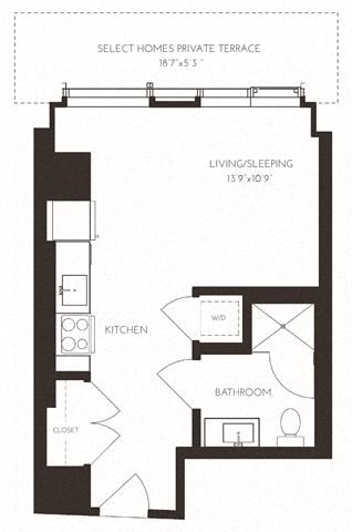 Floor plan for studio, 1 bath, 429 sqft