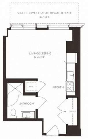 Floor plan for studio, 1 bath, 451 sqft
