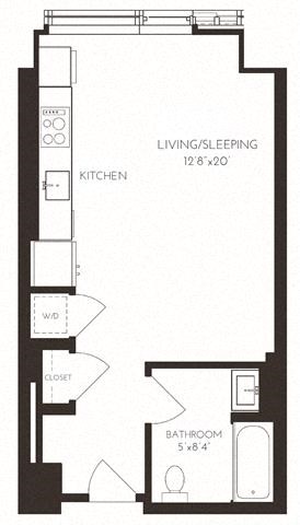 Floor plan for studio, 1 bath, 491 sqft