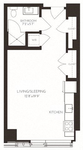Floor plan for studio, 1 bath, 491 sqft