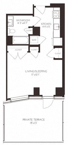 Floor plan for studio, 1 bath, 529 sqft
