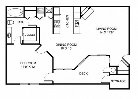 Floor plan for 1 bed, 1 bath, 897 sqft