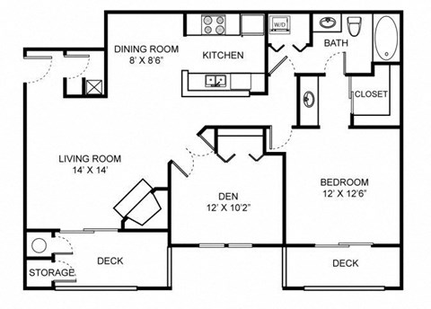 Floor plan for 1 bed, 1 bath, 1078 sqft