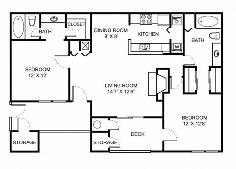 Floor plan for 2 beds, 2 baths, 1171 sqft