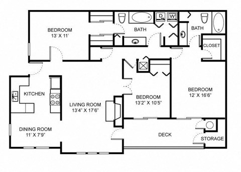 Floor plan for 3 beds, 2 baths, 1465 sqft