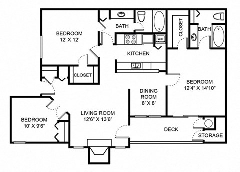 Floor plan for 3 beds, 2 baths, 1273 sqft