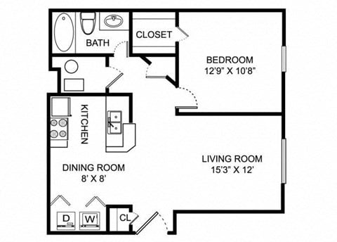 Floor plan for 1 bed, 1 bath, 650 sqft