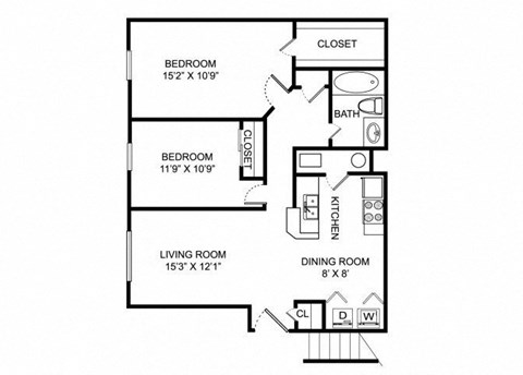 Floor plan for 2 beds, 1 bath, 850 sqft