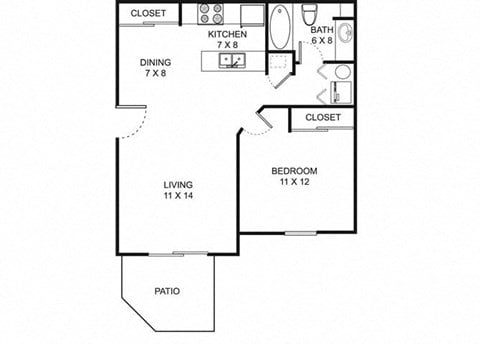Floor plan for 1 bed, 1 bath, 650 sqft