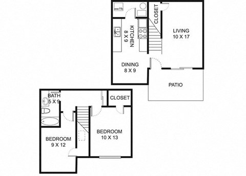 Floor plan for 2 beds, 1 bath, 950 sqft