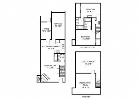 Floor plan for 2 beds, 2.5 baths, 1650 sqft