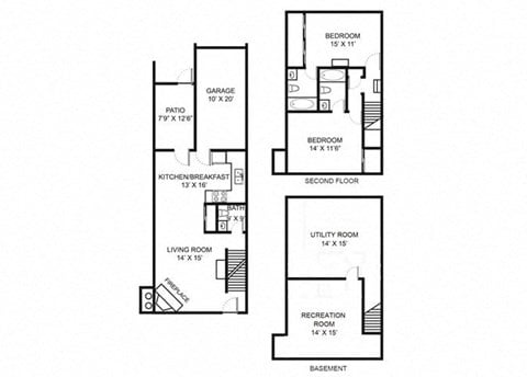 Floor plan for 2 beds, 2.5 baths, 1650 sqft