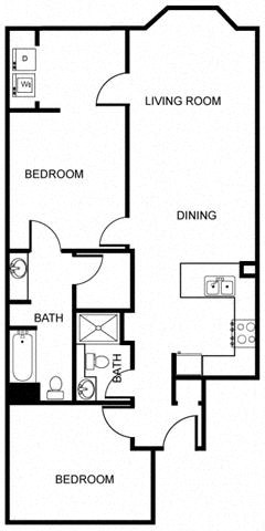 Floor plan for 2 beds, 2 baths, 1091 sqft