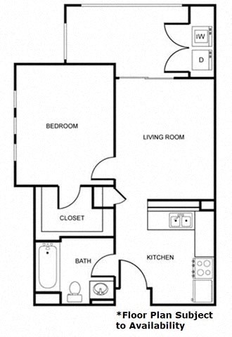 Floor plan for 1 bed, 1 bath, 637 sqft