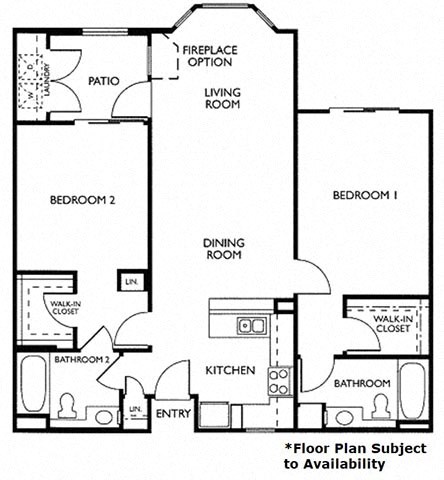 Floor plan for 2 beds, 2 baths, 1040 sqft