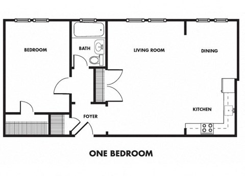 Floor plan for 1 bed, 1 bath, 675 sqft