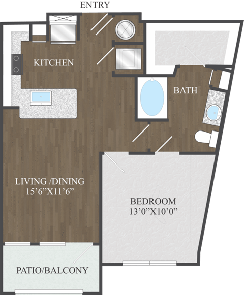 Floor plan for 1 bed, 1 bath, 722 sqft