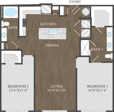 Floor plan for 2 beds, 2 baths, 1154 sqft