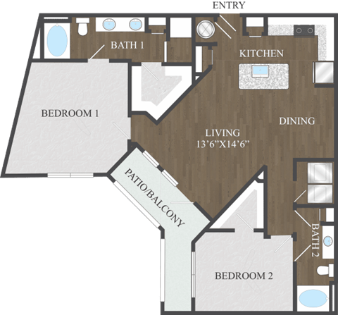 Floor plan for 2 beds, 2 baths, 1327 sqft