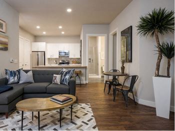 Wood-style plank flooring in living room and kitchen