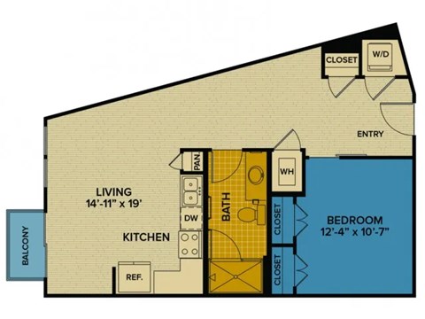 Floor plan for 1 bed, 1 bath, 733 sqft