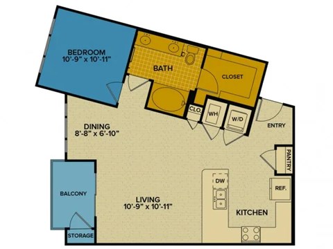 Floor plan for 1 bed, 1 bath, 863 sqft
