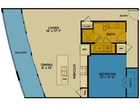 Floor plan for 1 bed, 1 bath, 930 sqft