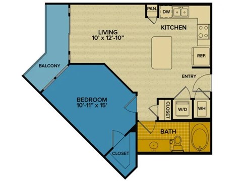 Floor plan for 1 bed, 1 bath, 667 sqft