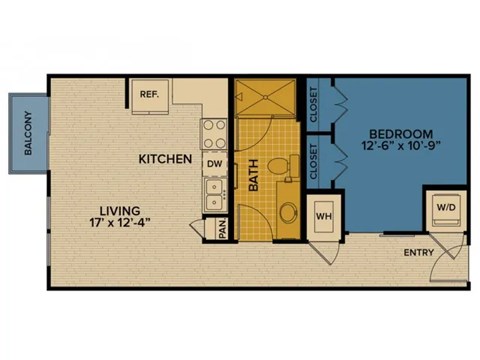 Floor plan for 1 bed, 1 bath, 613 sqft