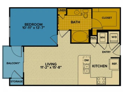 Floor plan for 1 bed, 1 bath, 706 sqft