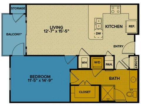 Floor plan for 1 bed, 1 bath, 756 sqft