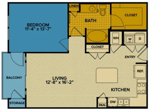 Floor plan for 1 bed, 1 bath, 761 sqft