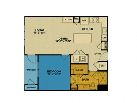 Floor plan for 1 bed, 1 bath, 836 sqft