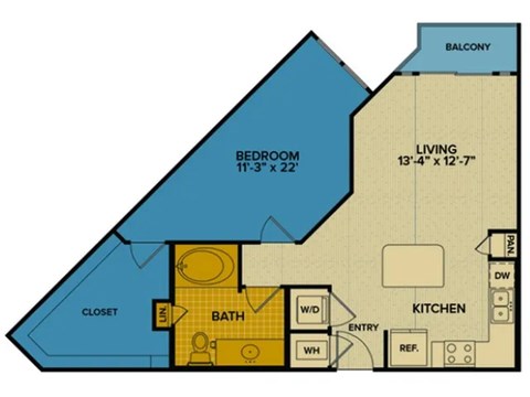 Floor plan for 1 bed, 1 bath, 804 sqft