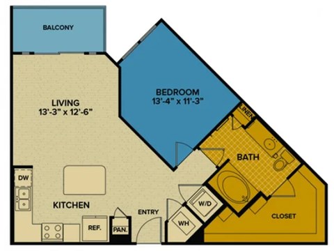 Floor plan for 1 bed, 1 bath, 767 sqft