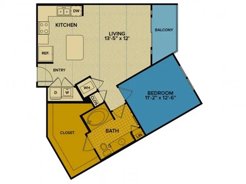 Floor plan for 1 bed, 1 bath, 802 sqft