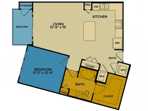 Floor plan for 1 bed, 1 bath, 852 sqft