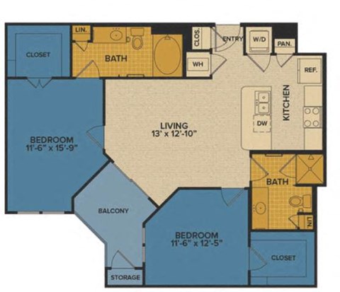 Floor plan for 2 beds, 2 baths, 1032 sqft
