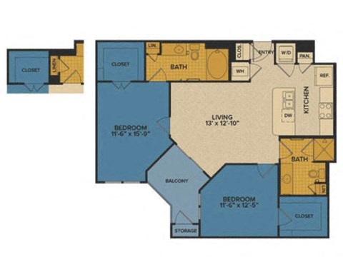 Floor plan for 2 beds, 2 baths, 1012 sqft