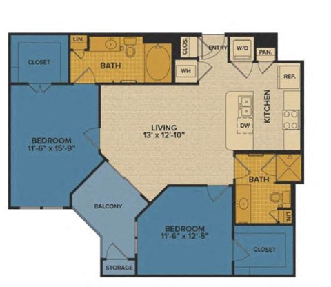 Floor plan for 2 beds, 2 baths, 1026 sqft